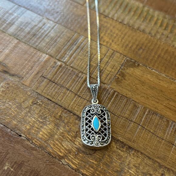 Vintage Sterling Silver, Marcasite, Turquoise Pendant Necklace - Picture 1 of 8